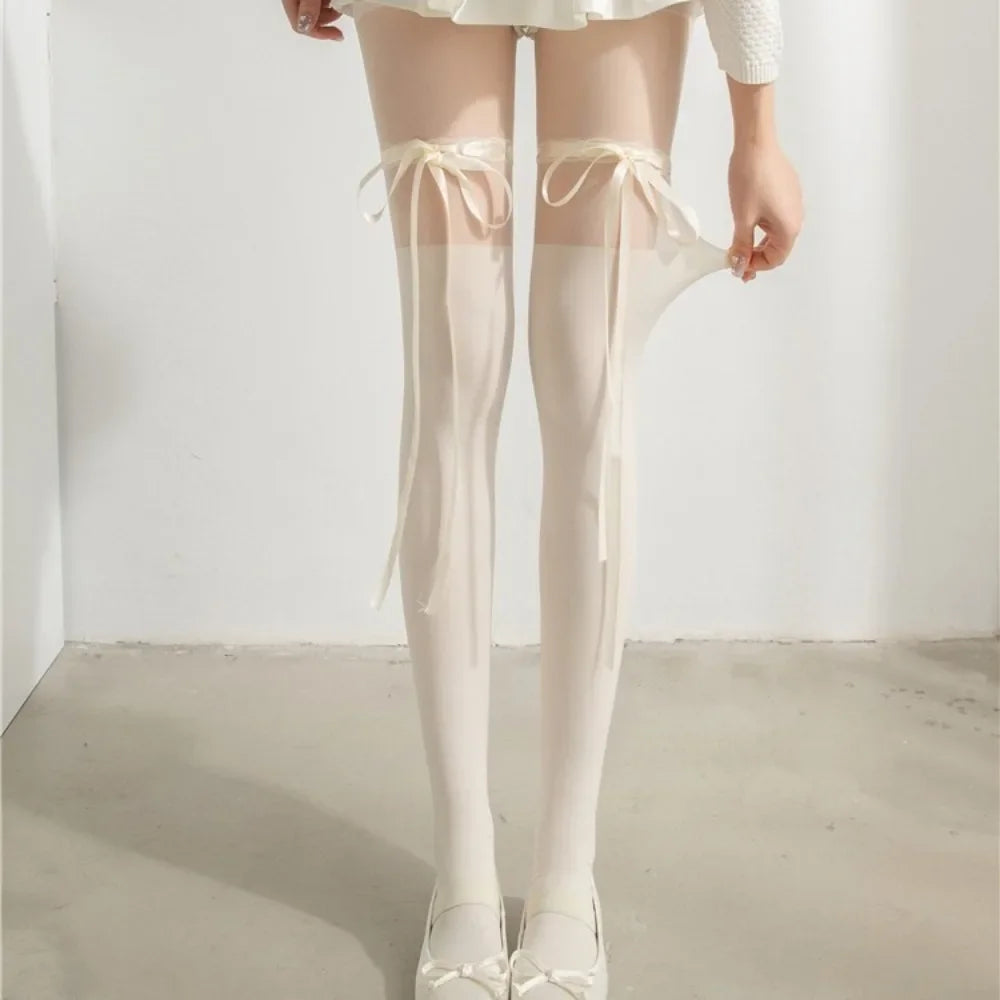 Fashion Polyester Bowknot Pantyhose Bowknot Thin Tights Stock High Waist Hollow Out Long Stocking Women Oasis Select Beige
