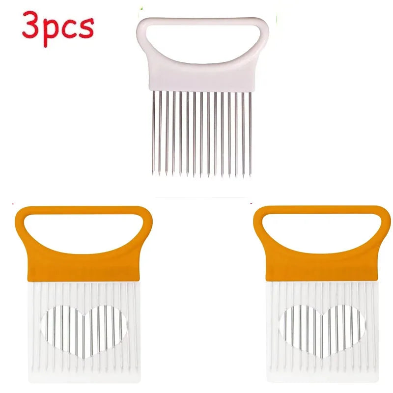 1-4pcs Stainless Steel Onion Holder Slicer Needle Fork Vegetable Fruit Slicer Tomato Cutting Holder Kitchen Tools Accessories Oasis Select mix-3pcs 3