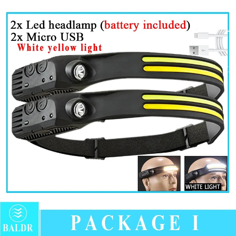 Head Led Light Sensor HeadLight Type-c Rechargeable Head Torch Light Front Led Head Flashlight Super Bright Waterproof Headlamp Oasis Select 2Pcs White-Yellow Built in battery