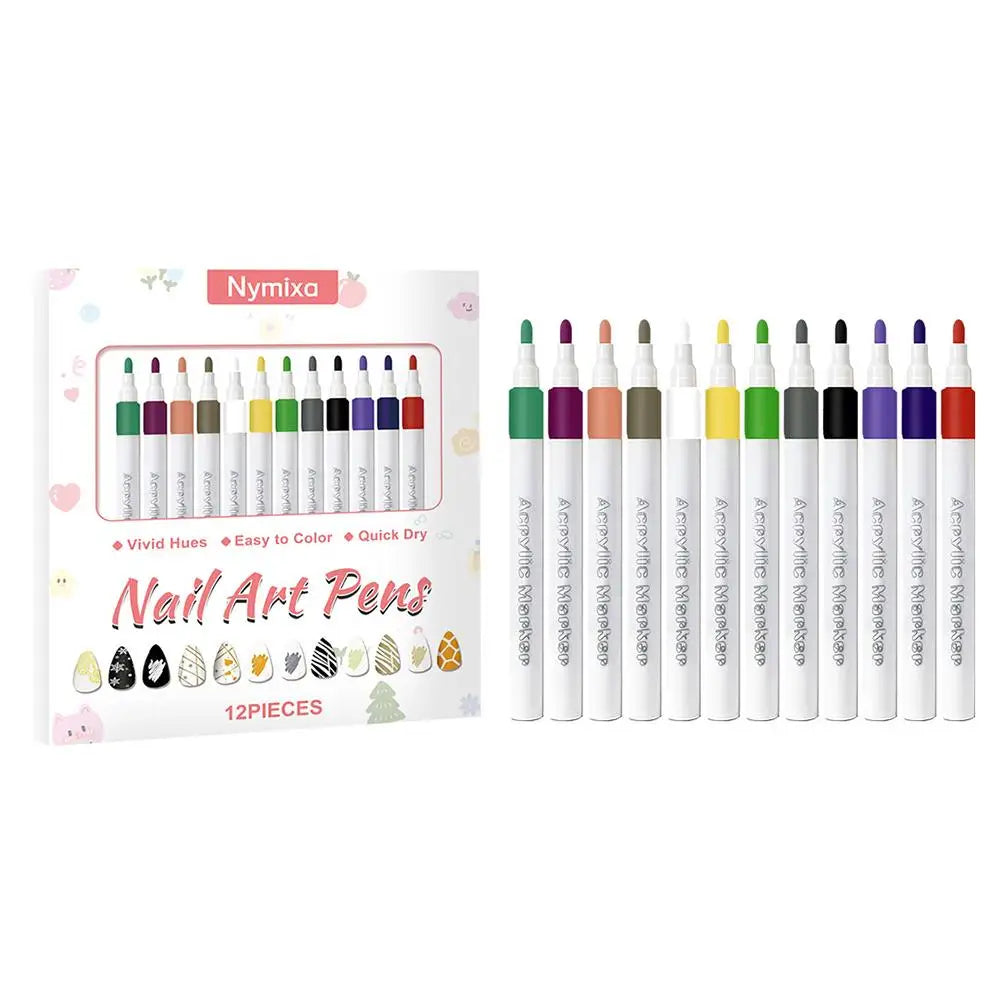 12-Piece Nail Art Graffiti Pens – Waterproof Quick-Dry Markers