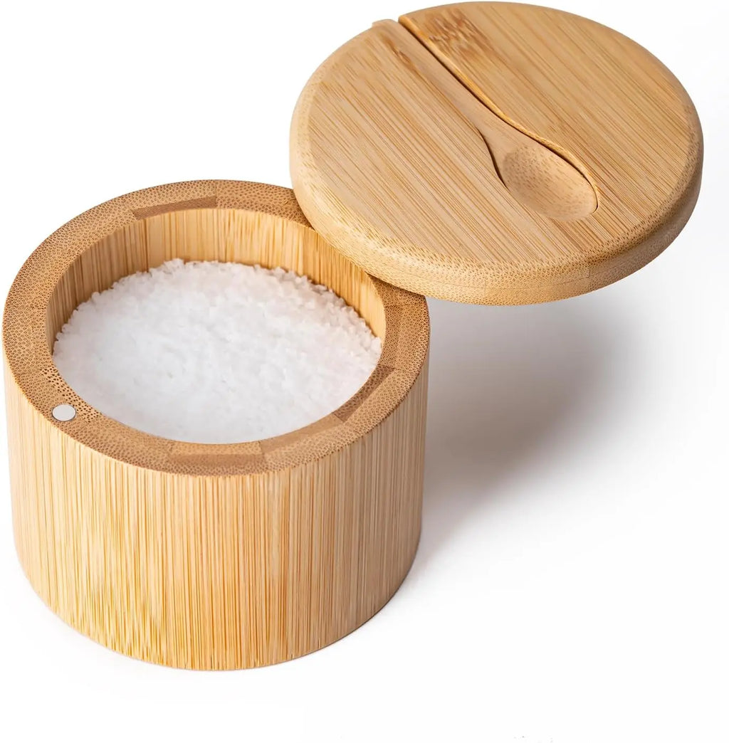 1pc Bamboo seasoning container with magnetic twist-top lid and spoon, ideal for storing pepper, table salt and other condiments. Oasis Select