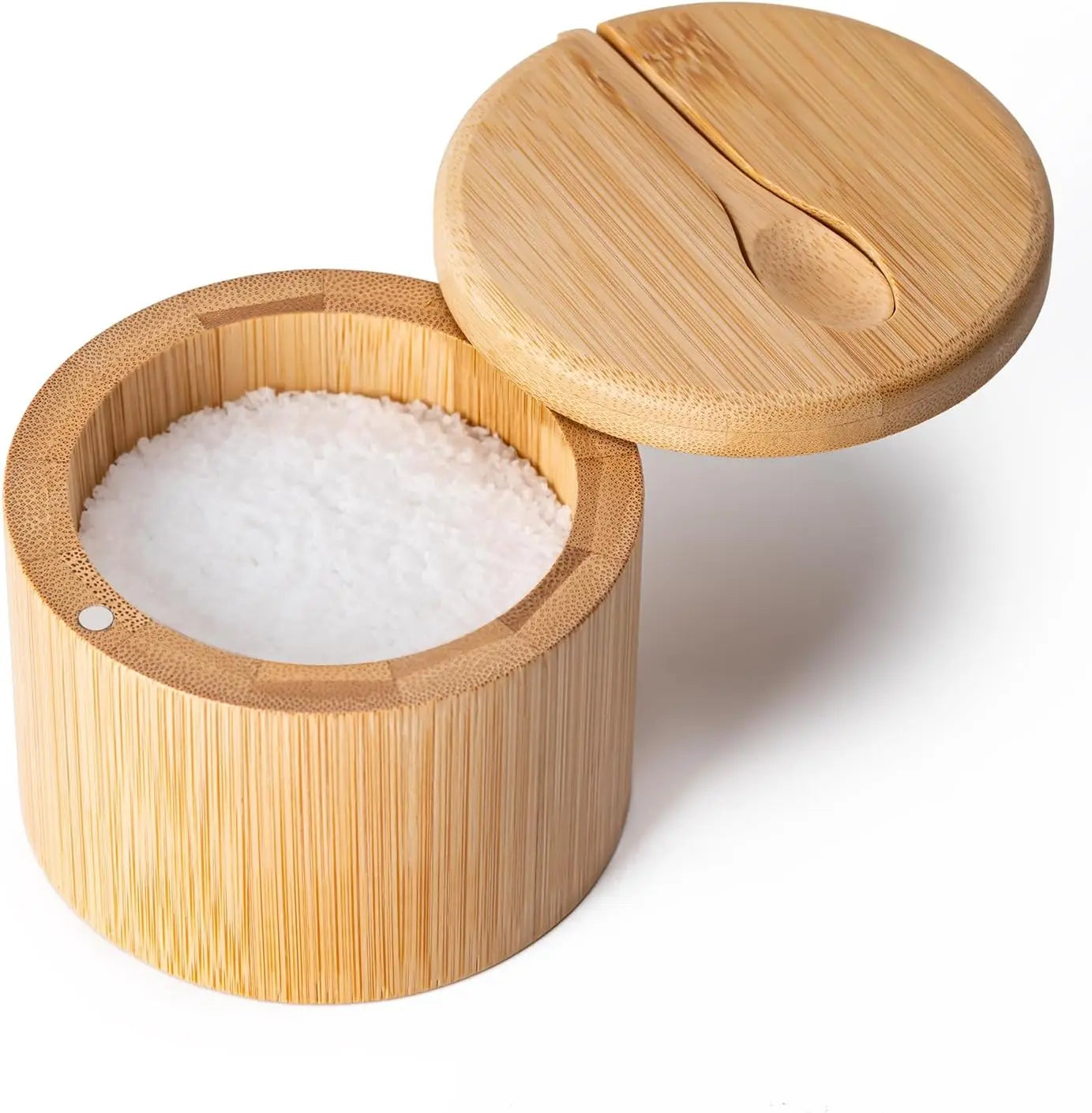 1pc Bamboo seasoning container with magnetic twist-top lid and spoon, ideal for storing pepper, table salt and other condiments. Oasis Select