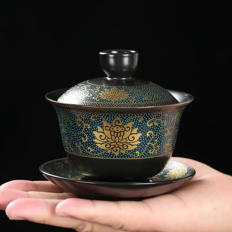 Chinese Teaset Classical Gaiwan Tea Cups Black Clay Tureen Lid Bowl Saucer Traditional Handmade Tea Brew Tea Cup Oasis Select
