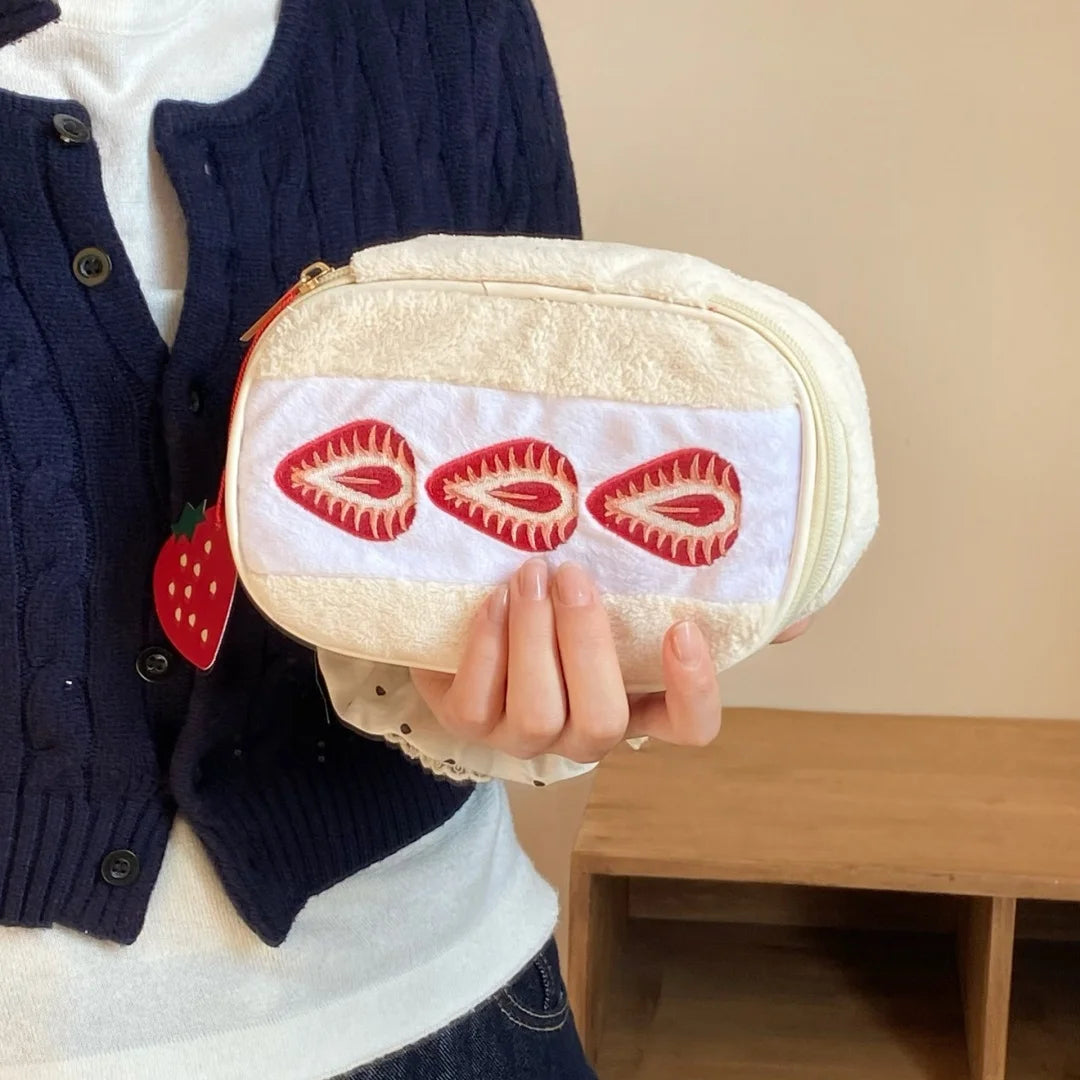 Cute Embroidered Strawberry Pencil Case Portable Stationery Pen Box Multi Functional Large Capacity Makeup Bag Storage Bag Oasis Select