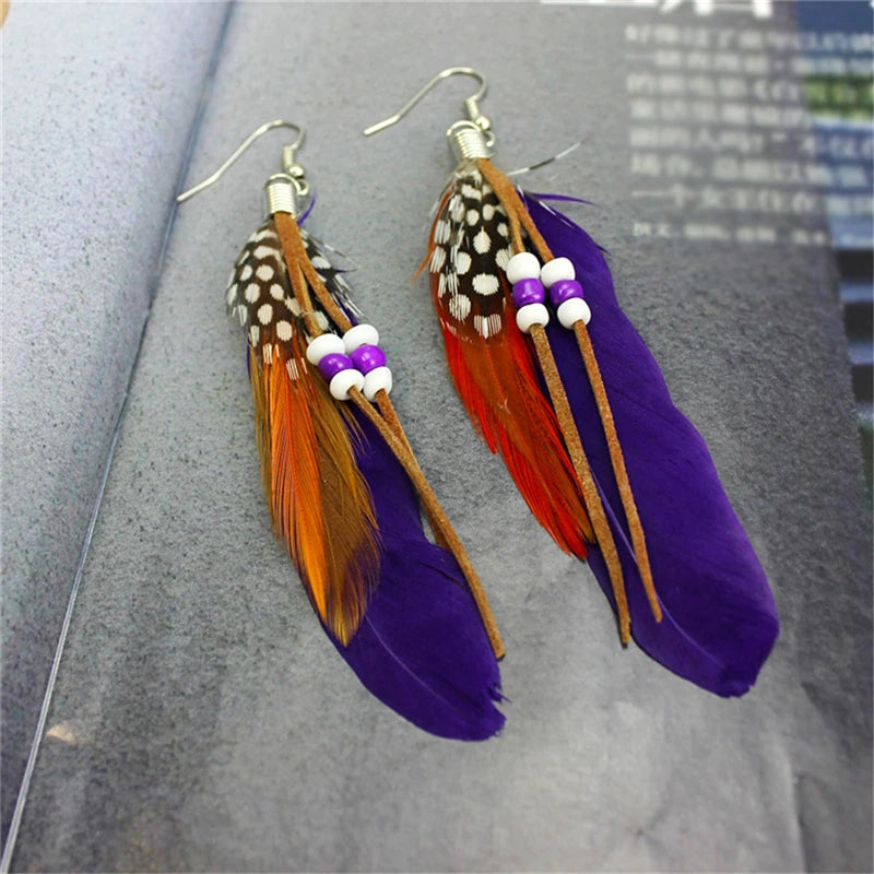 Tassel Dangling Earrings Colorful Feather Leather Beads Earrings Indian Feathers Summer Womens Fashion Jewelry Oasis Select MR-04