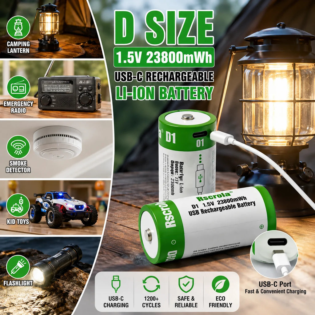 D Size 1.5V 23800mWh USB‑C Rechargeable Li‑ion Battery High Capacity Rechargeable D Cell for Flashlight Lantern Toys D battery Oasis Select