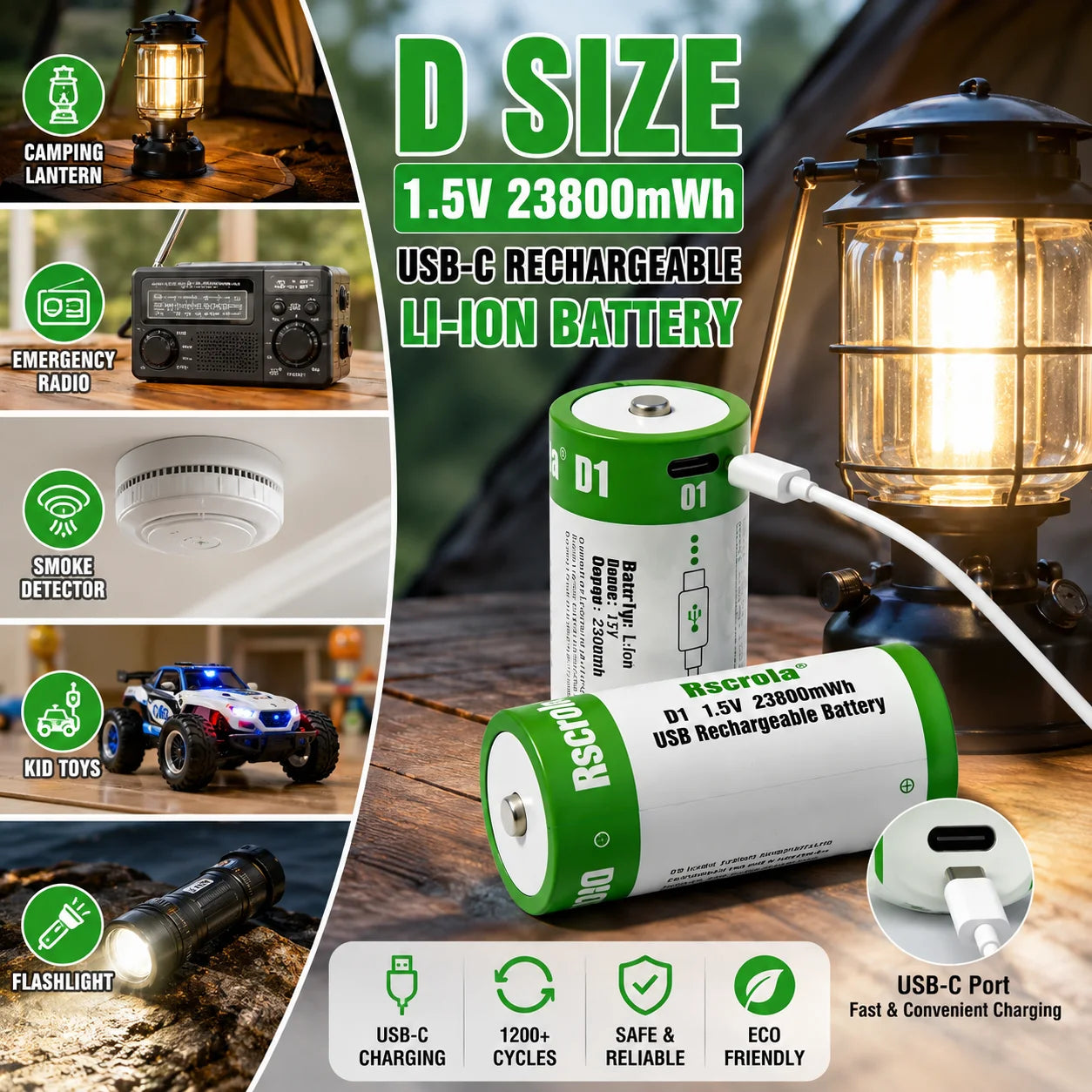 D Size 1.5V 23800mWh USB‑C Rechargeable Li‑ion Battery High Capacity Rechargeable D Cell for Flashlight Lantern Toys D battery Oasis Select