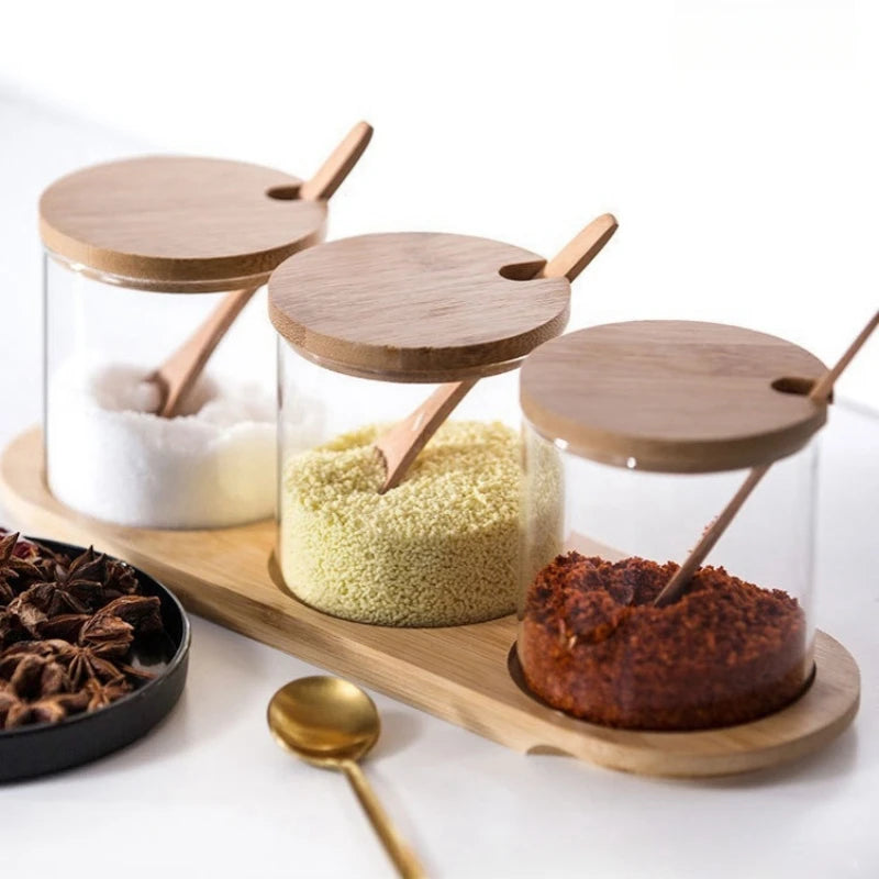 3Pcs Condiment Jars Set Clear Glass Bamboo Lid Spice Jar with Spoon Kitchen Sugar Salt Spices Storage Box Household Container Oasis Select