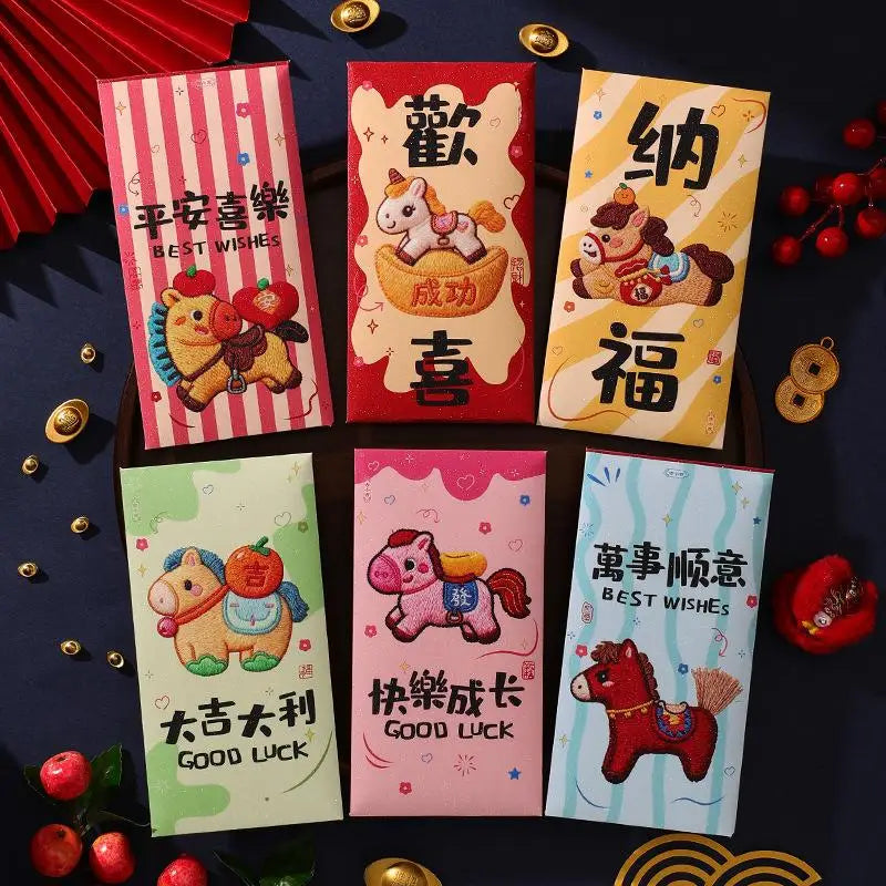 6Pcs Cartoon Three Dimensional Imitation Embroidery The Year Of The Horse Red Envelope New Year Festival Envelope Oasis Select A2