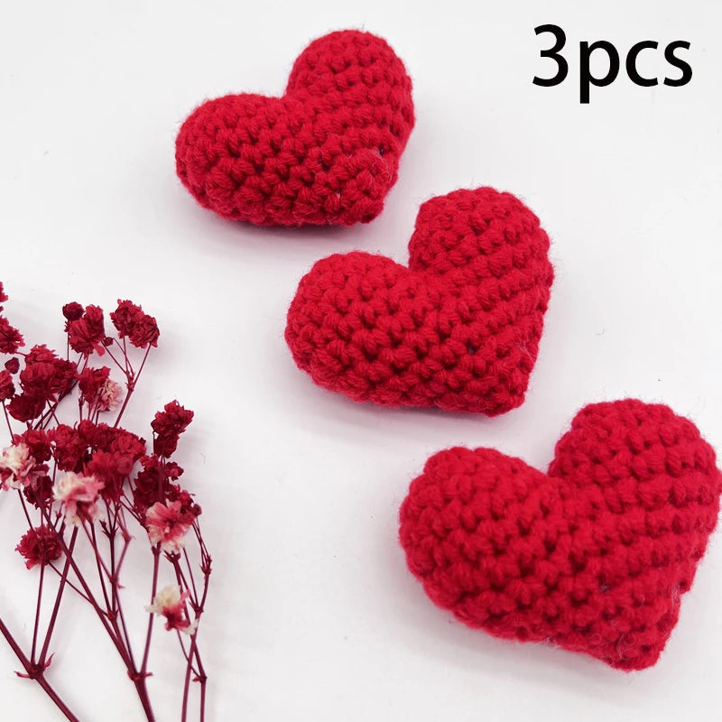 1/2PCS Crochet Heart Hooked Yarn Heart Filled Cotton Peach Knitting Heart Clothing Accessories Red Pink Colored Love Heart Oasis Select red 3pcs