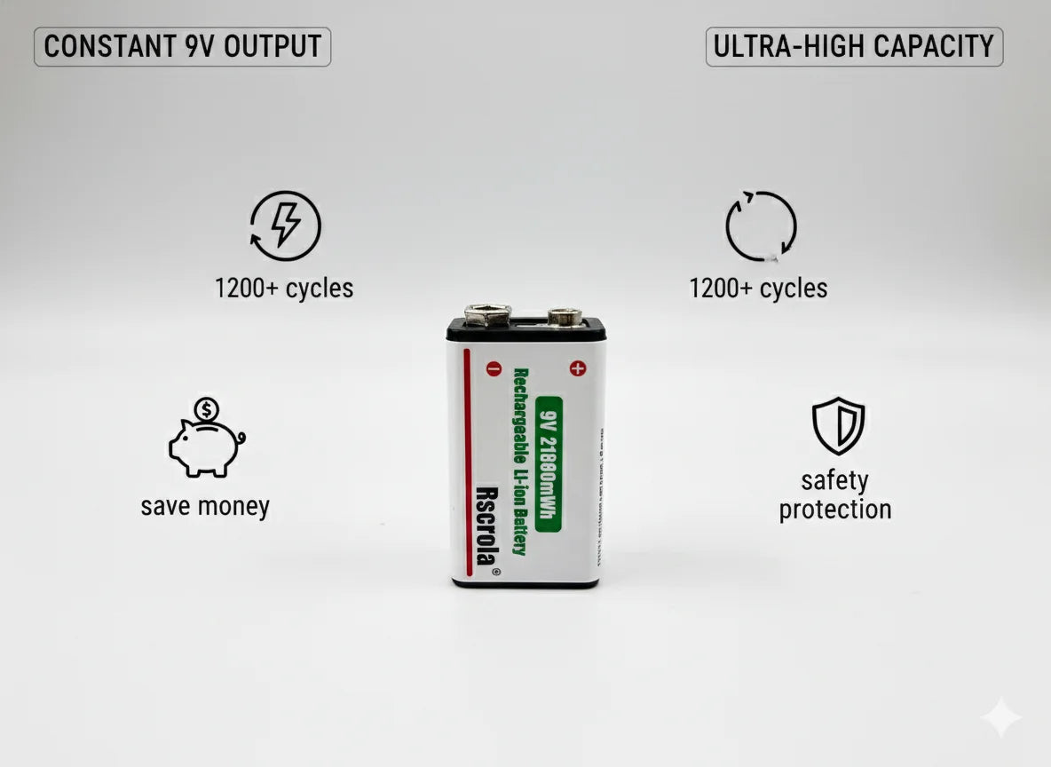 Rechargeable Li-ion High Capacity Battery, 1200+ Cycles, Constant Output for 9V devices Oasis Select