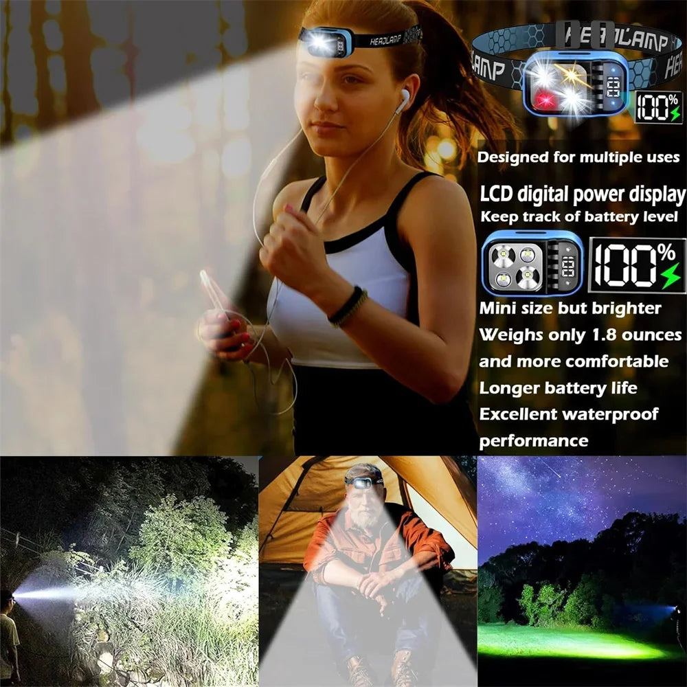 Rechargeable Headlamp Flashlight Bright LED Waterproof Motion Sensor Headlights Emergency Head Lamp Camping Fishing Head Light Oasis Select