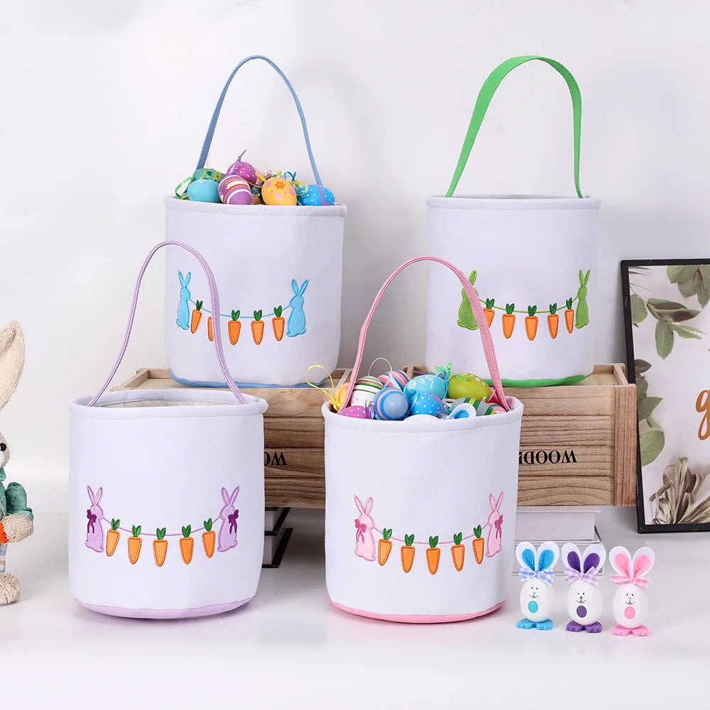 Easter Egg Handheld Storage Basket, Canvas Easter Bunny Bags Eggs Hunting Carry and Candy Gift Bag Rabbit Print for Easter Party Oasis Select