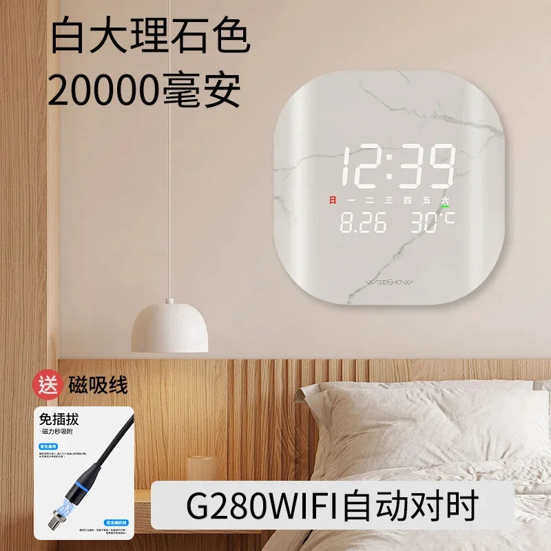 Home Silent Curved Wifi Automatic Time Wall Clock Living Room Creative LED Perpetual Calendar Digital Electronic Clock Oasis Select white 29.5cm x 29.5cm