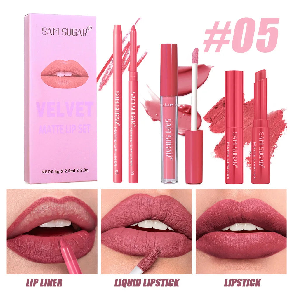 SAM SUGAR 3-in-1 Matte Lip Kit – Liner, Lipstick & Gloss Set