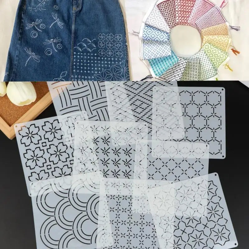 9/32Pcs Sashiko Embroidery Template DIY Geometric Patchwork Stencil Reusable PET Stencil Handmade Embroidery Handicraft Tools Oasis Select