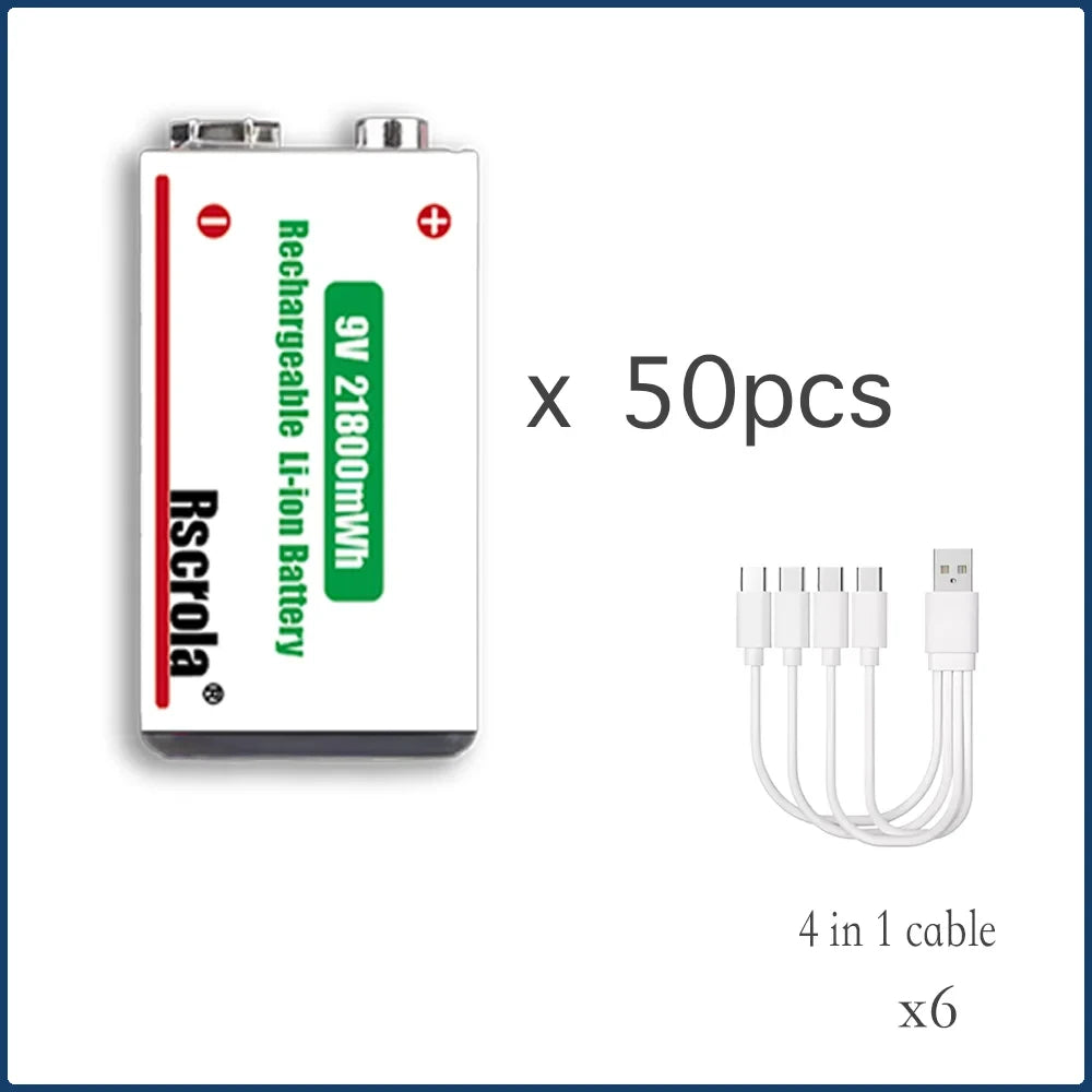 9V Lithium ion Rechargeable Battery 21800mWh High Capacity Long-Lasting for Guitar Microphone Smoke Detector Pedal with Cable Oasis Select 50 pcs 9v Battery 9v