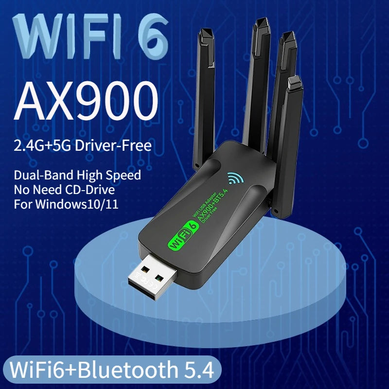 WiFi 6 AX900 USB Adapter Bluetooth 5.4 Dual Band 2.4G 5G 4 Antennas WiFi6 USB Network Receiver Dongle Driver Free Win 10/11 Oasis Select
