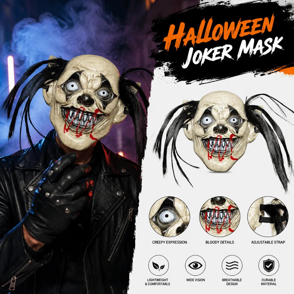 Facepiece Realistic Halloween Joker Mask Creativity Blood Scar Full Face Mask Funny Spooky Scary Joker Headgear Masquerade Oasis Select
