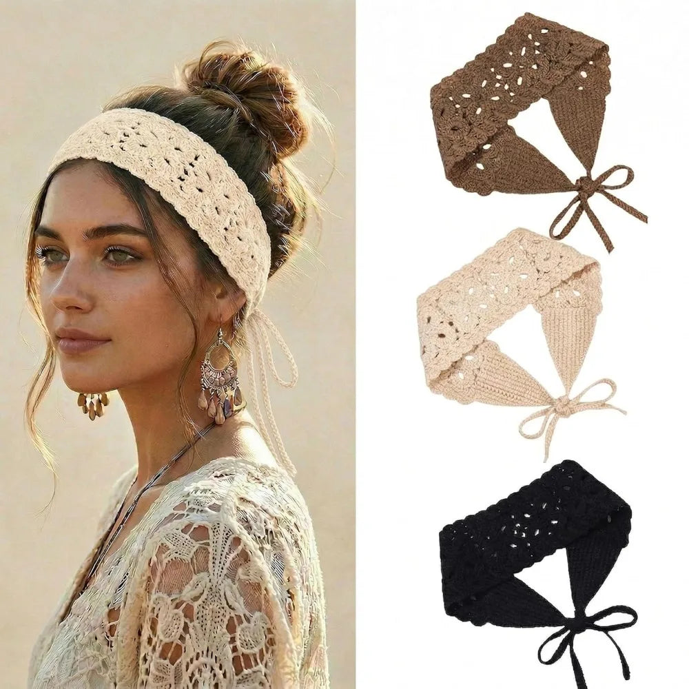 Boho Floral Headband Handmade Solid Color Knit Hair Band Hollow Out Crochet Hair Scarf Oasis Select