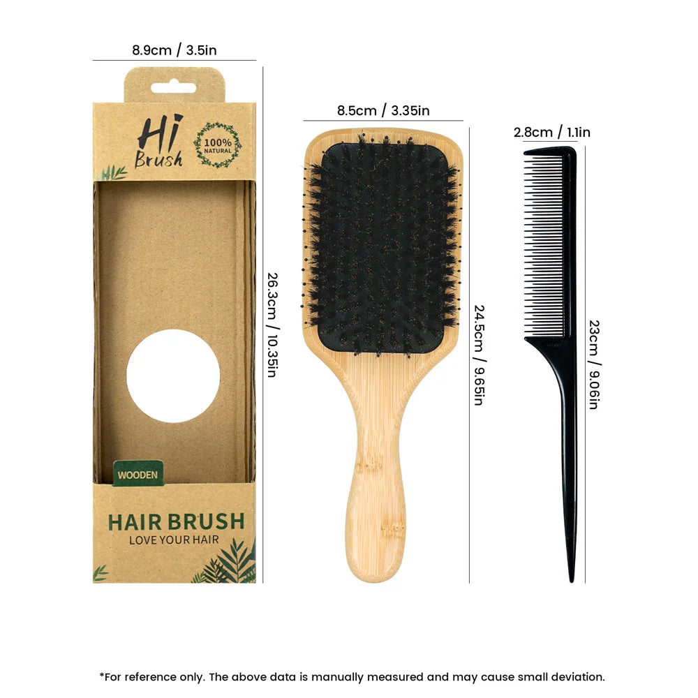 2-in-1 100% Natural Wooden Hair Brush & Rat Tail Comb Set - Professional Bristle Brush for Detangling, Scalp Massage & Hair Care Oasis Select