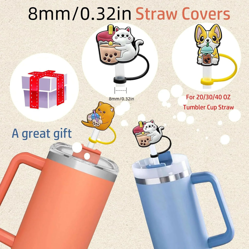 8mm/0.32in Straw Cover Cap Silicone Cute Animals Milk Tea Straw Protector Cover Straw Tip Topper for Stanley 30&40oz Tumbler Oasis Select