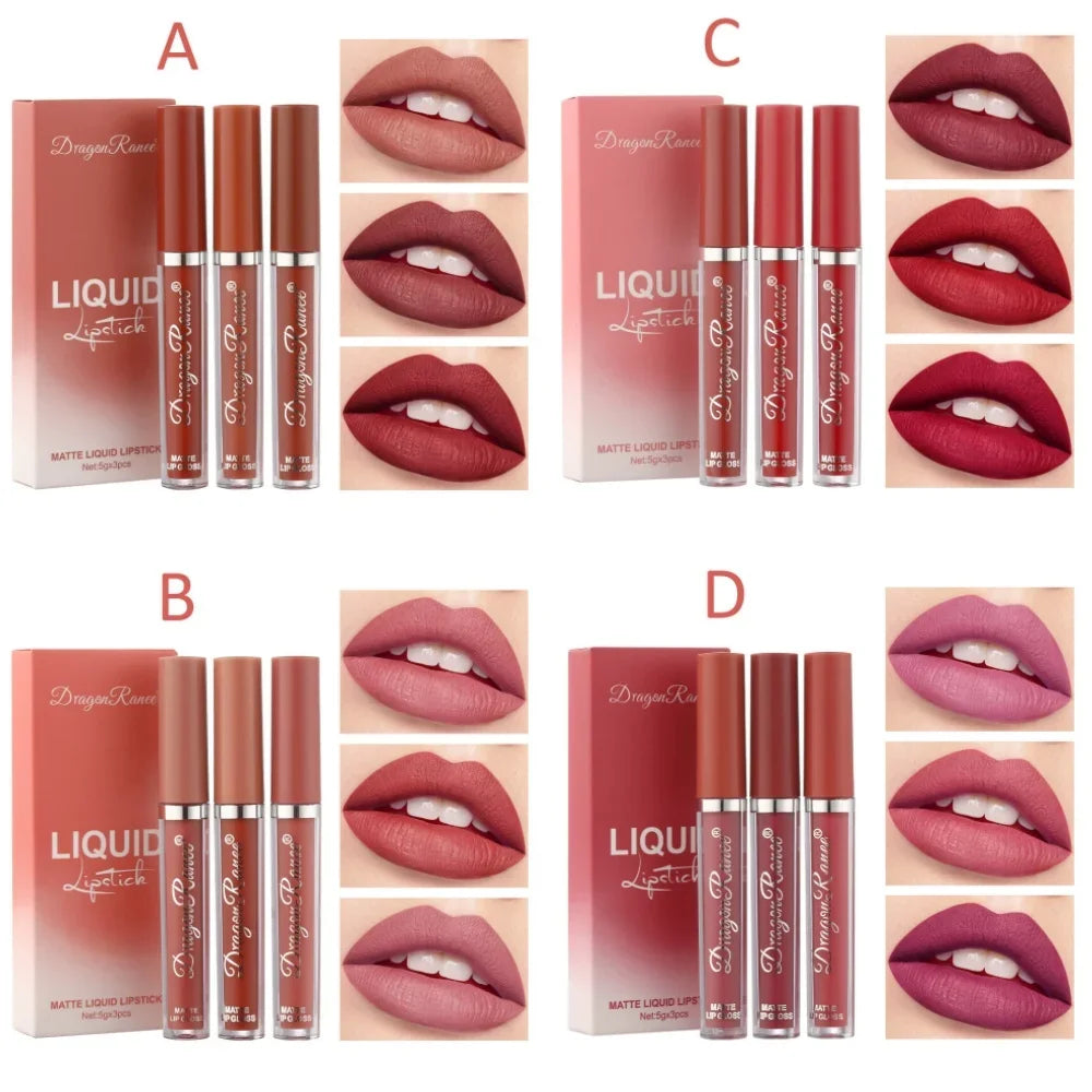 Dragon Ranee 3-Piece Velvet Matte Liquid Lipstick Set – Waterproof