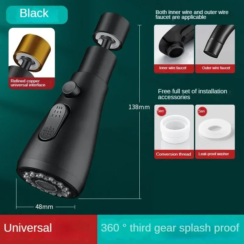 Faucet Extender Metal Alloy 360 Rotation Sprayer Kitchen Taps Three Modes Head Water Saver Anti-Splash Tap Booster Shower Faucet Oasis Select Black