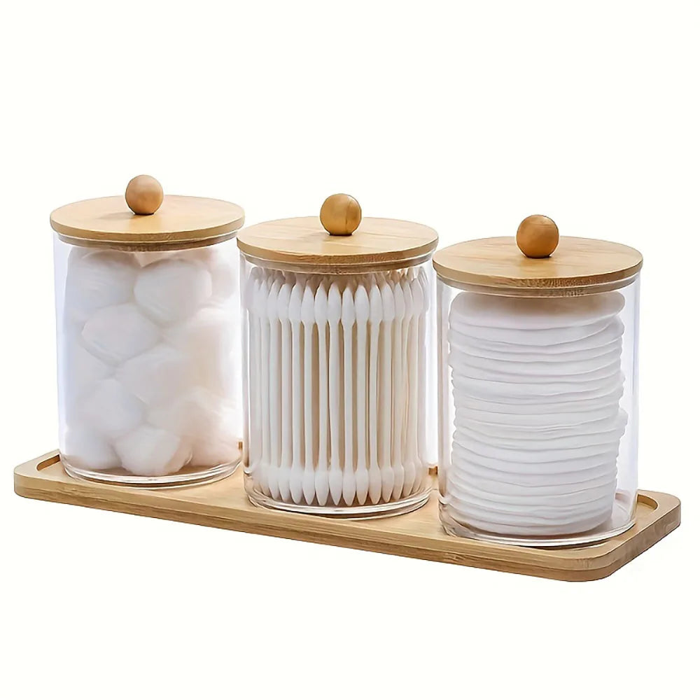 4 pcs/set ,3 swabs/balls/pads holder with 1 dresser bamboo tray, apothecary jar with bamboo lid, clear bathroom container Oasis Select Clear