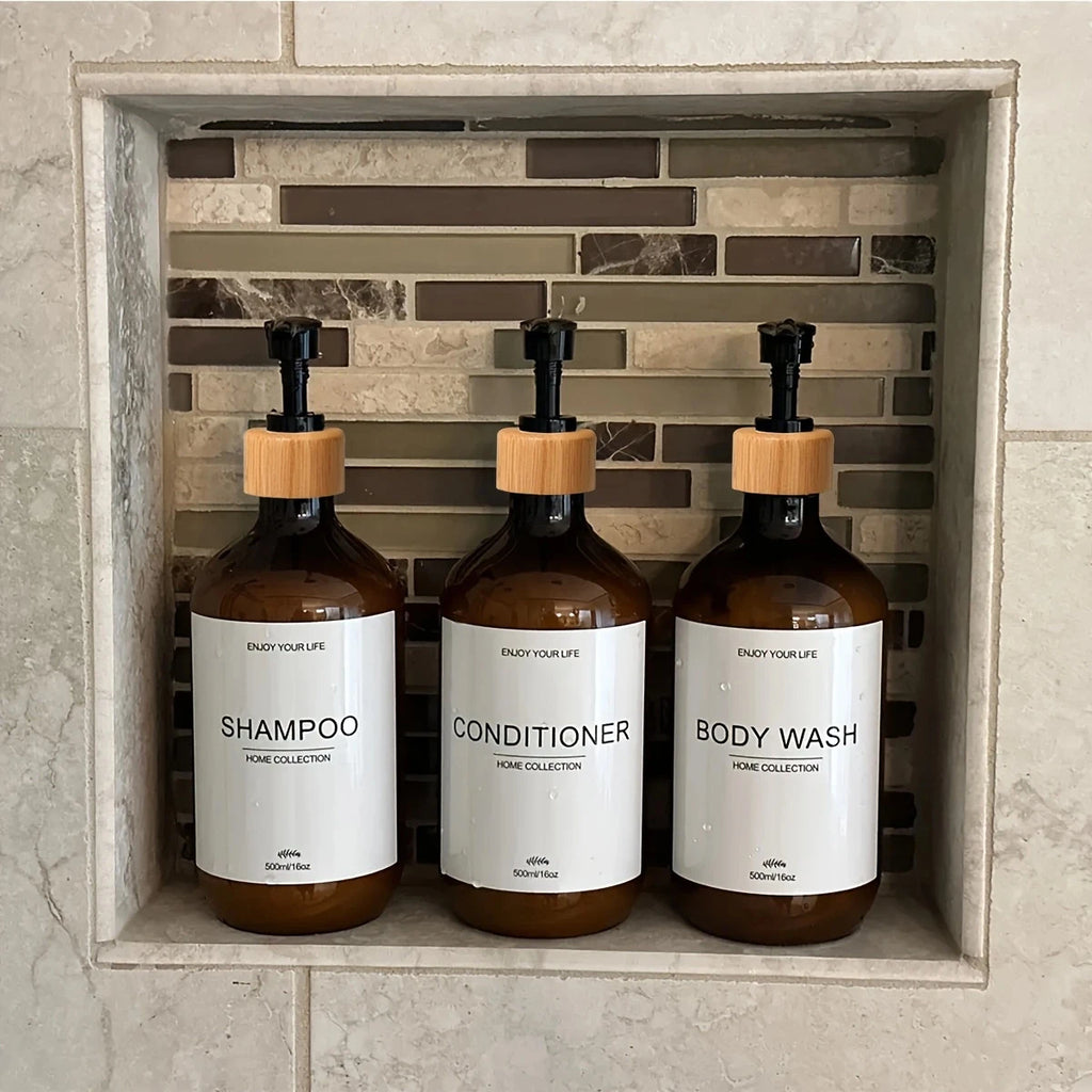 Bathroom Shampoo Dispenser Set 500ml Conditioner Body Wash Bottles Refillable Dispenser Farmhouse Decoration Storage Bottles Oasis Select