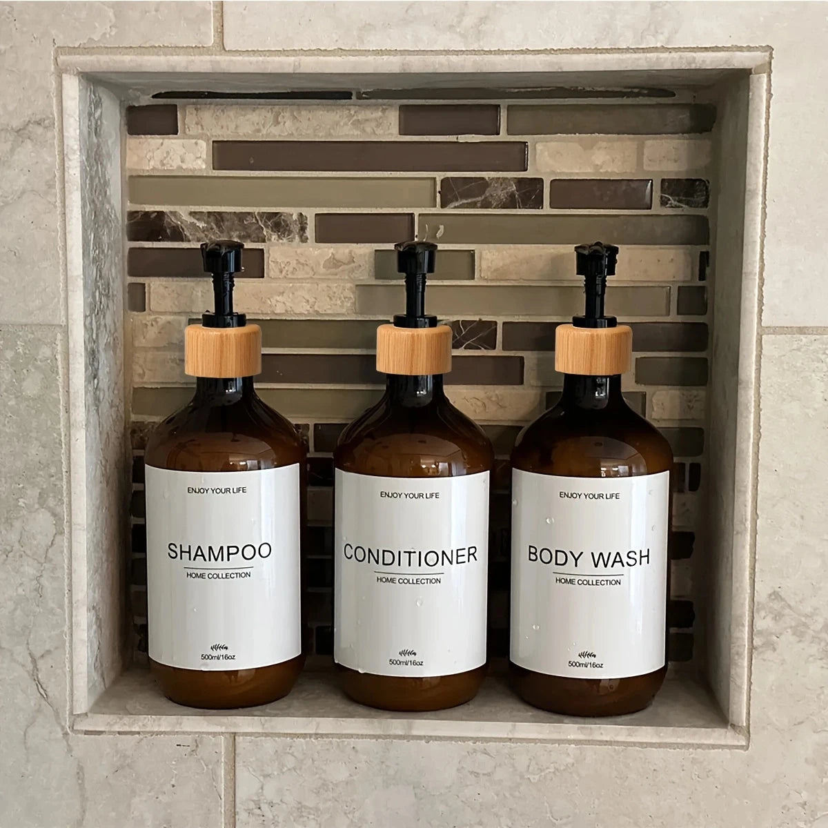 Bathroom Shampoo Dispenser Set 500ml Conditioner Body Wash Bottles Refillable Dispenser Farmhouse Decoration Storage Bottles Oasis Select