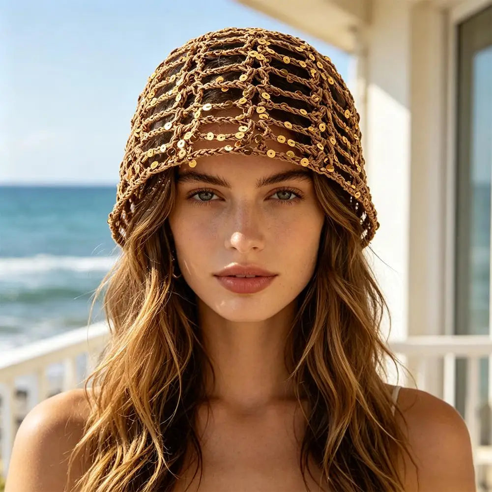 Y2K Sequined Crochet Beanie – Fishnet Pullover Hat for Women
