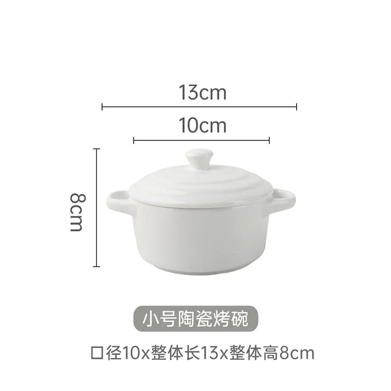 1Pc Small Ceramic Double Ear Bowl - Oven Safe for Steamed Egg Custard, Household Stew Soup, Pudding Baking & Stewing Pot Oasis Select White-S