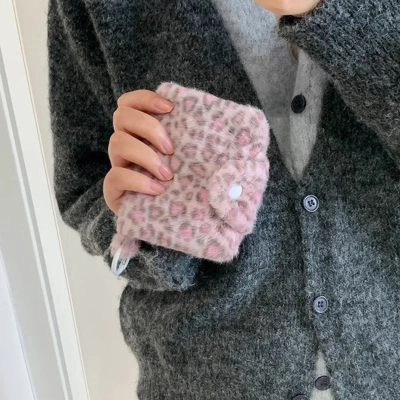 1pcs Female Leopard Print Plush Snap Button Coin Purse High-value Pendant Small Wallet Student Portable Meal Card Storage Bag Oasis Select