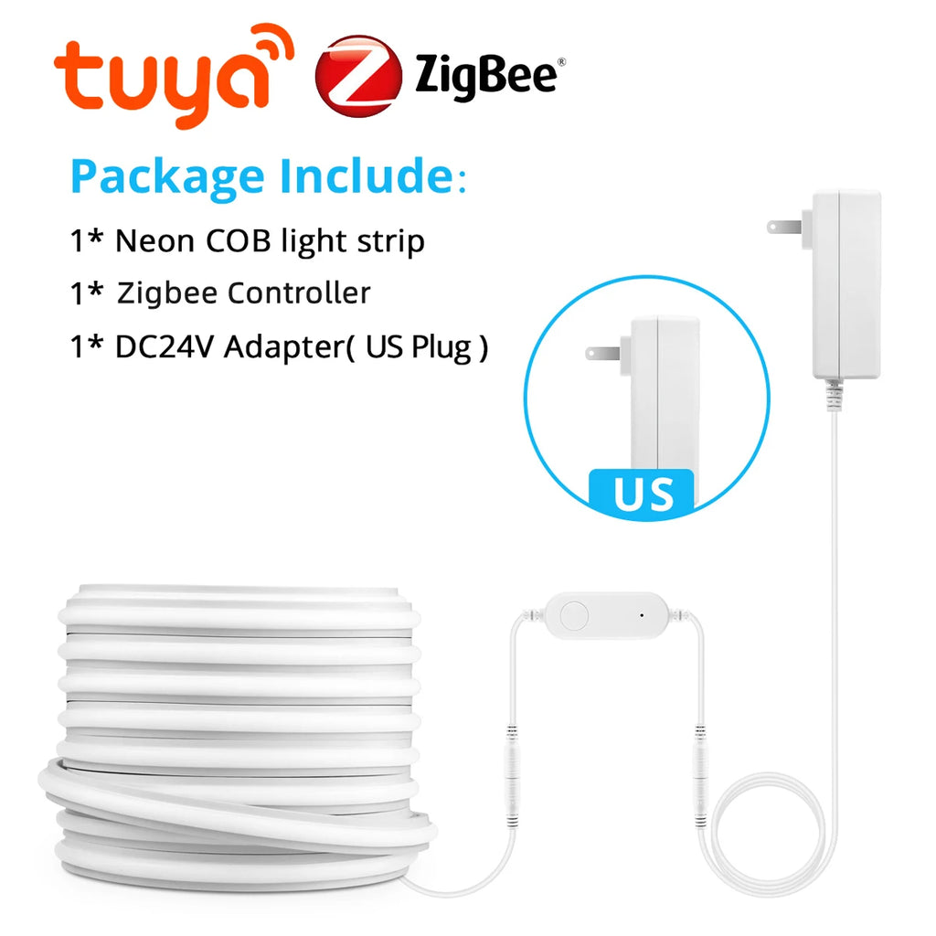 10M 5M 3M Dimmable LED Neon Light with Intelligence Zigbee3.0 Controller 24V Fireproo Silicone COB Lamp for Alexa Google Voice Oasis Select USA Power Plug Warm White 10m