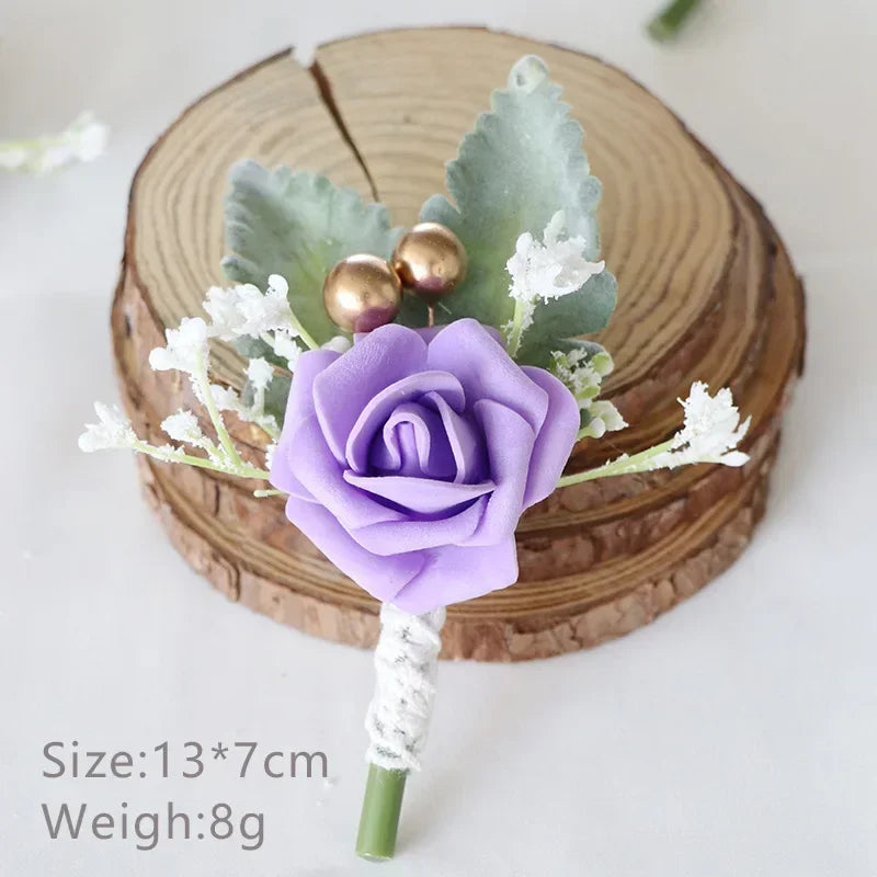 Boutonnieres Flowers Artificial White Roses Silk Ivory Corsage Buttonhole Groomsmen Boutonniere for Men Wedding Accessories Oasis Select Purple