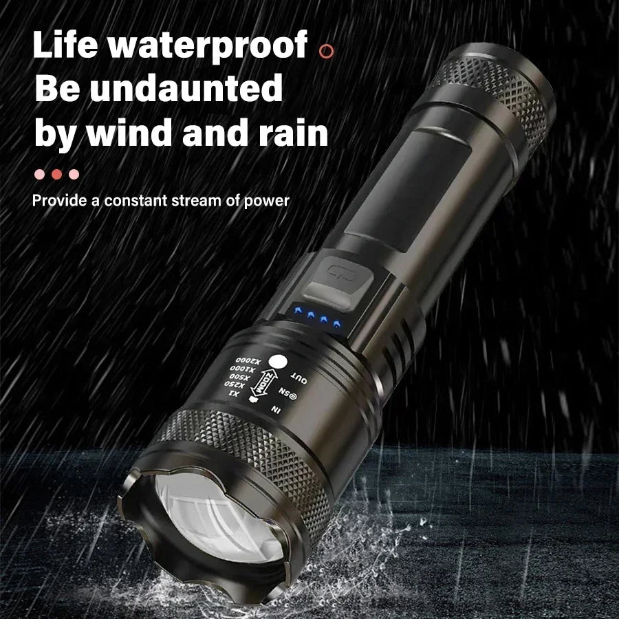 High Strong Power Led Flashlights 2000LM Tactical USB Charging Camping Emergency Fishing Zoom Lantern Torch with Display Light Oasis Select