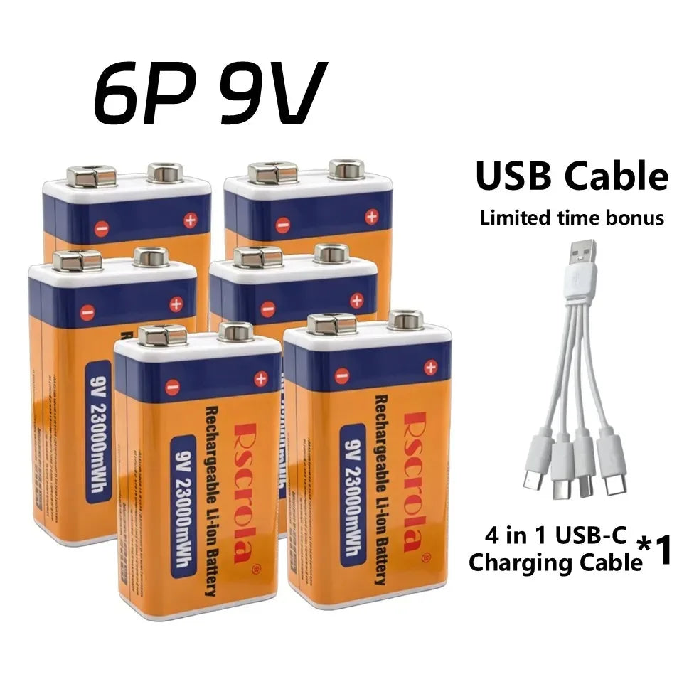 Rscrola 9V USB-C Rechargeable Battery 23600mWh Li-ion Constant Voltage for Guitar Pedal Smoke Detector Multimeter, Long Life Wit Oasis Select 6 PCS Batteries 9v