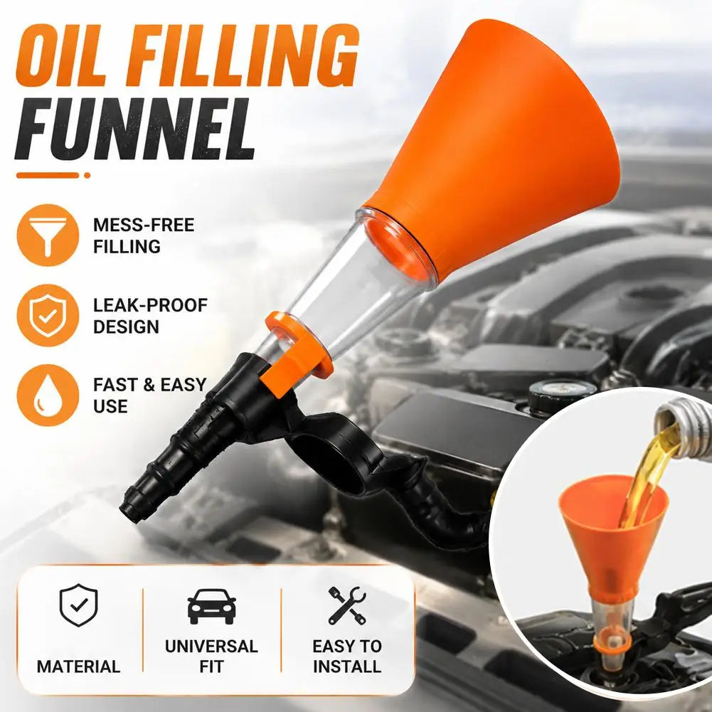 Hands-Free Engine Oil Funnel with Self-Locking Clamp – Universal