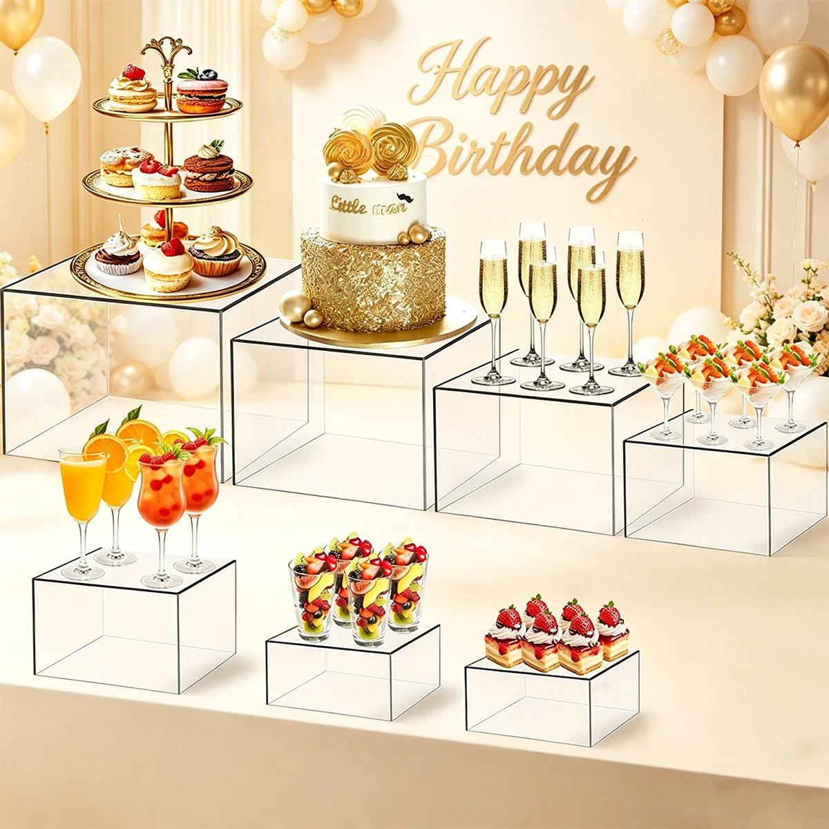 4/5/6/7/8pcs transparent acrylic 3D cube cake rack set for party dessert display ideal choice for party planners and sellers Oasis Select