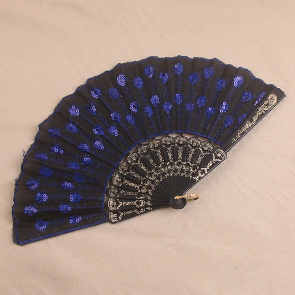 Silk Fan Folding Fan Wedding Art Gifts Peacock Sequin Dancing Fan Hand Held Fan Home decoration Oasis Select
