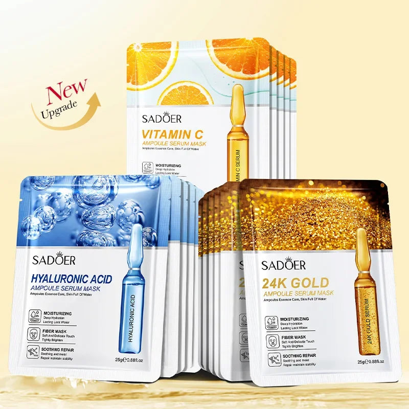 Sadoer 24K Gold Vitamin C & Hyaluronic Acid Face Mask 10-Pc Facial Sheet Mask Oasis Select