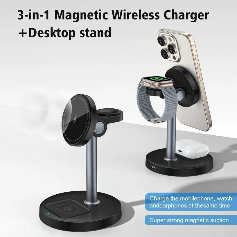 3 in 1 Desktop Magnetic Wireless Charger For iPhone 17 16 15 14 13 12 Pro Max Samsung Huawei xiaomi for Apple Watch AirPods Pro Oasis Select