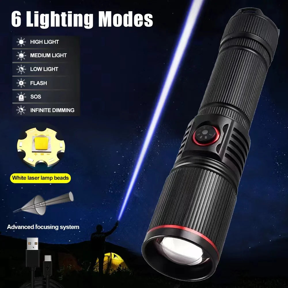 Outdoor Tactical Aluminum Alloy High Lumens LED Flashlight Telescopic Zoom Torch 6 Lighting Modes Emergency Light Oasis Select