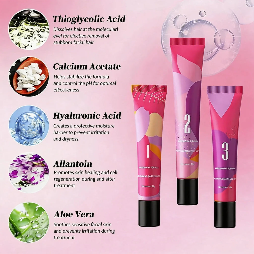 Facial Hair Removal Cream for Three Step Kit Lip Chin Upper Lip Women Home Use Gentle With Softening Gel Soothing Lotion Oasis Select