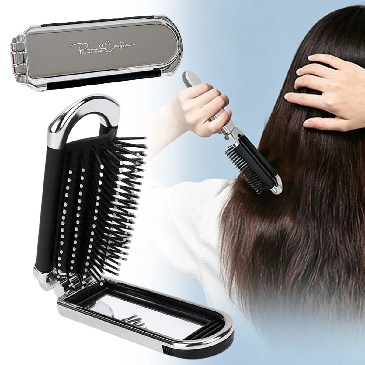 1/3/5PCS Folding Hair Brush Mirror Soft Bristle Silver Detangling Women Girls Travel Purse Gym Portable Compact Styling Oasis Select