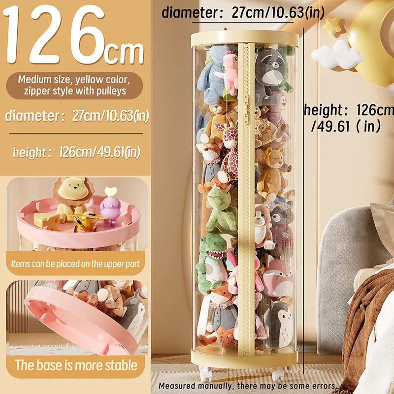 Transparent Doll Storage Box Plush Toy Organization Toy Storage Tube DIY Zipper Bins Kid Christmas Gift Children's Toy Organizer Oasis Select yellow-M-With wheel