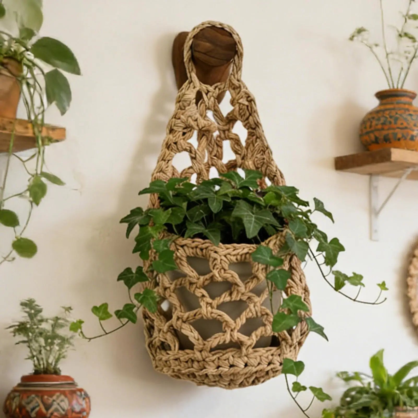 Boho Macrame Plant HangerBasket for Succulents Cotton Rope Woven Hanging Basket with Net Pouch Home Decoration Organizer Oasis Select