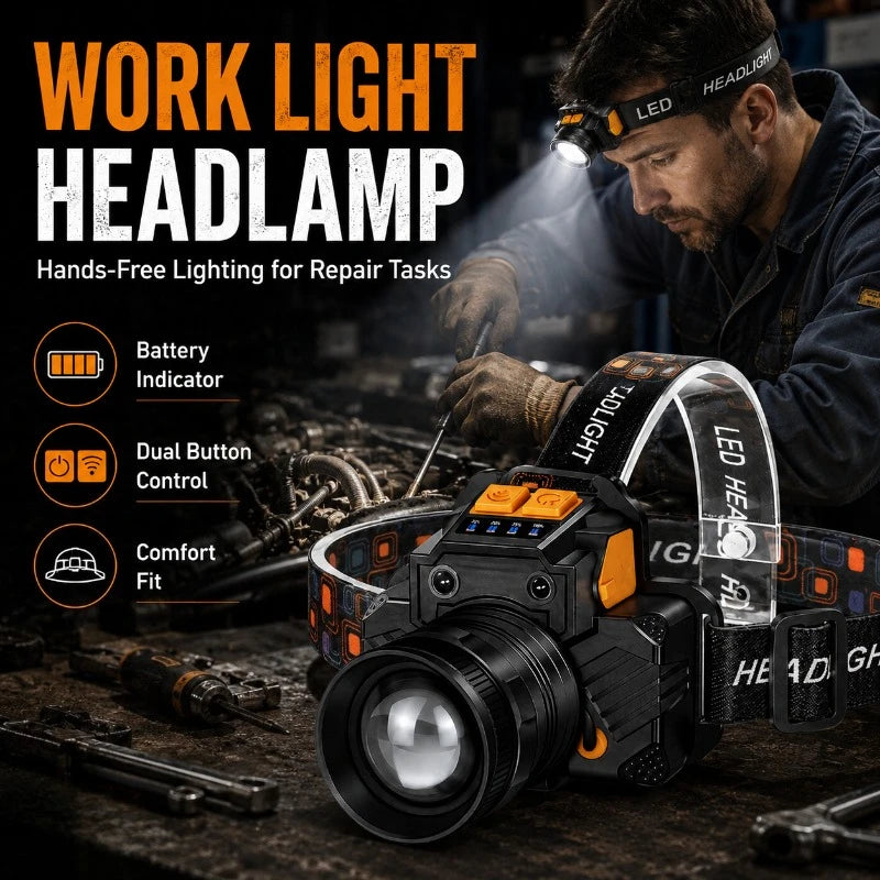 Rechargeable Zoomable LED Headlamp – Waterproof, 3 Modes, 800m