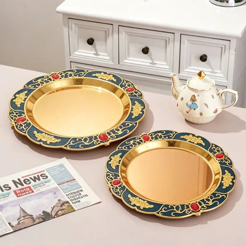 European Relief Ornate Decorative Serving Tray Floral Patterned Round Platter for Snacks and Table Display Oasis Select